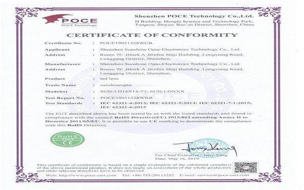Китай Sunshine Opto-electronics Enterprise Co.,ltd Сертификаты